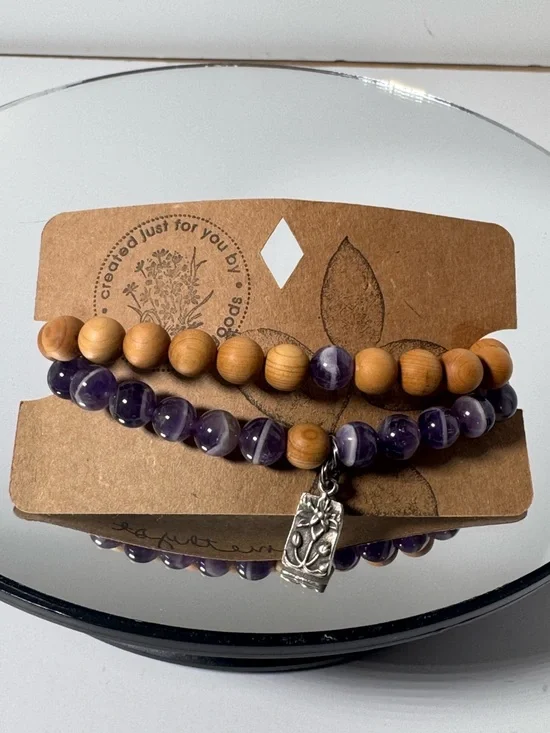 Wood & Purple Beaded Bracelet Set with Silver Charm - Picture 1 of 2